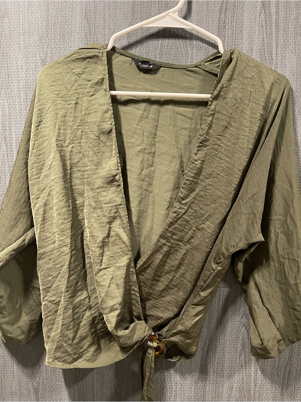 Express Olive Green Top with wrap V-Neck Tie Detail
